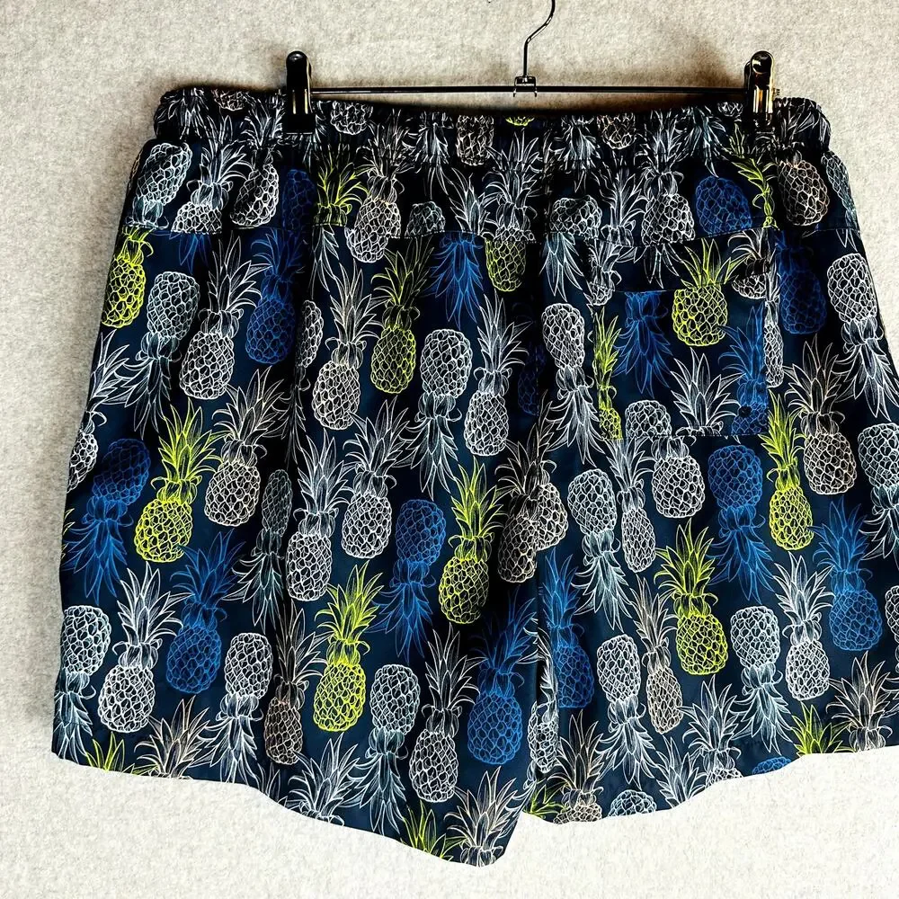 DSG Mens Sz 2XL Swim Trunks Lined Blue Pineapple Fruit Pockets Elastic Waist